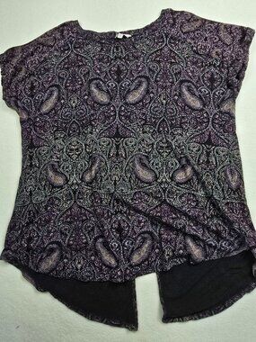 Lucky Brand Womens 2X Paisley High-Low Black & Purple Short Sleeve Tunic